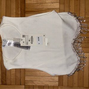 ZARA White Sleeveless Top with Beaded Fringe